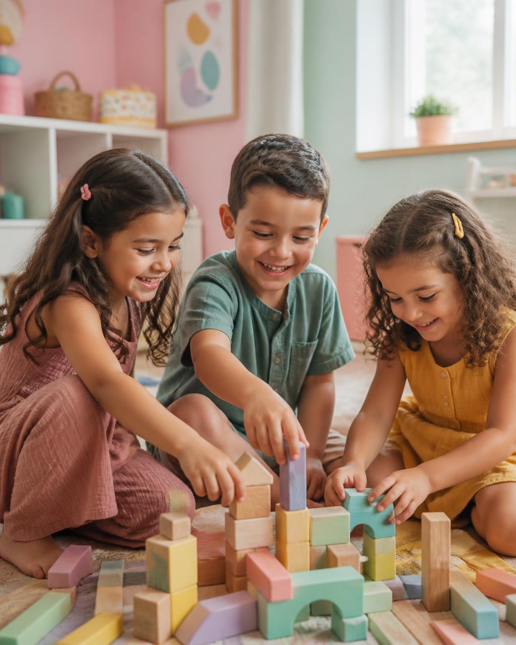 Niños jugando con piezas de madera en una ludoteca luminosa