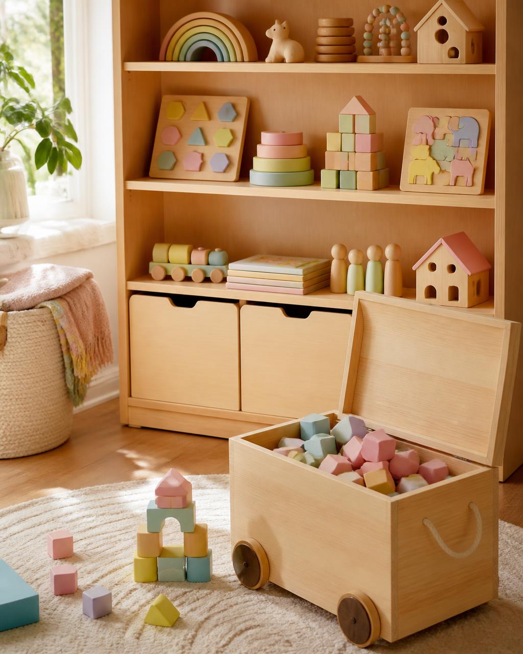 Rincón ordenado con juguetes educativos de madera